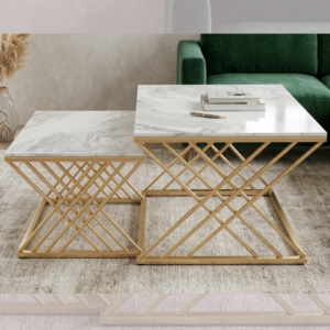 Square nesting marble center table set with premium white marble top and gold criss-cross geometric metal rod frame