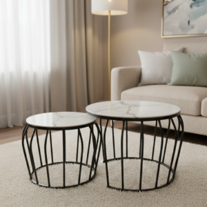 Set of two modern Nesting Coffee Tables with white marble-finish tops and black metal cage-style bases