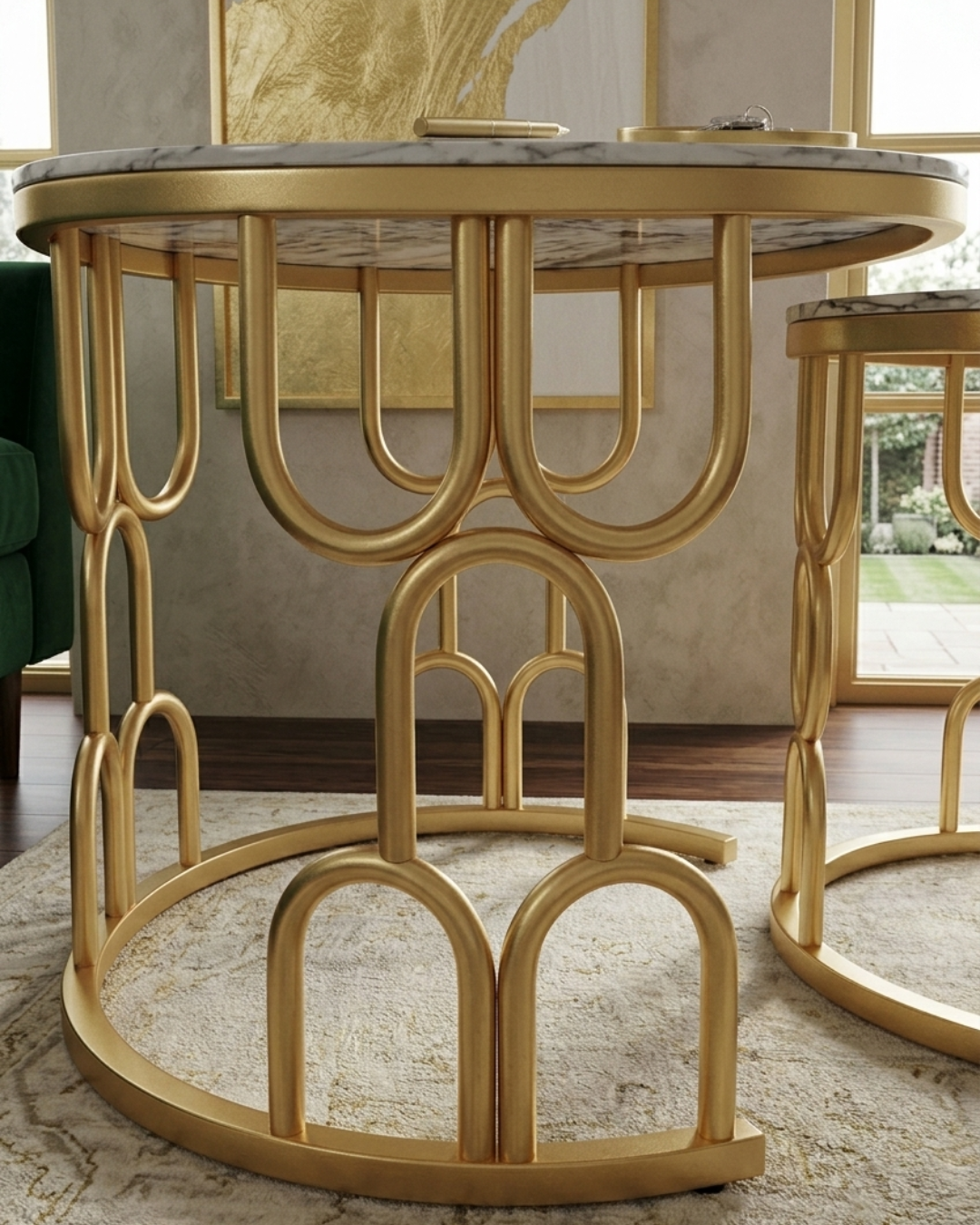 Round nesting marble center table set with premium white marble top and arched geometric gold metal frame