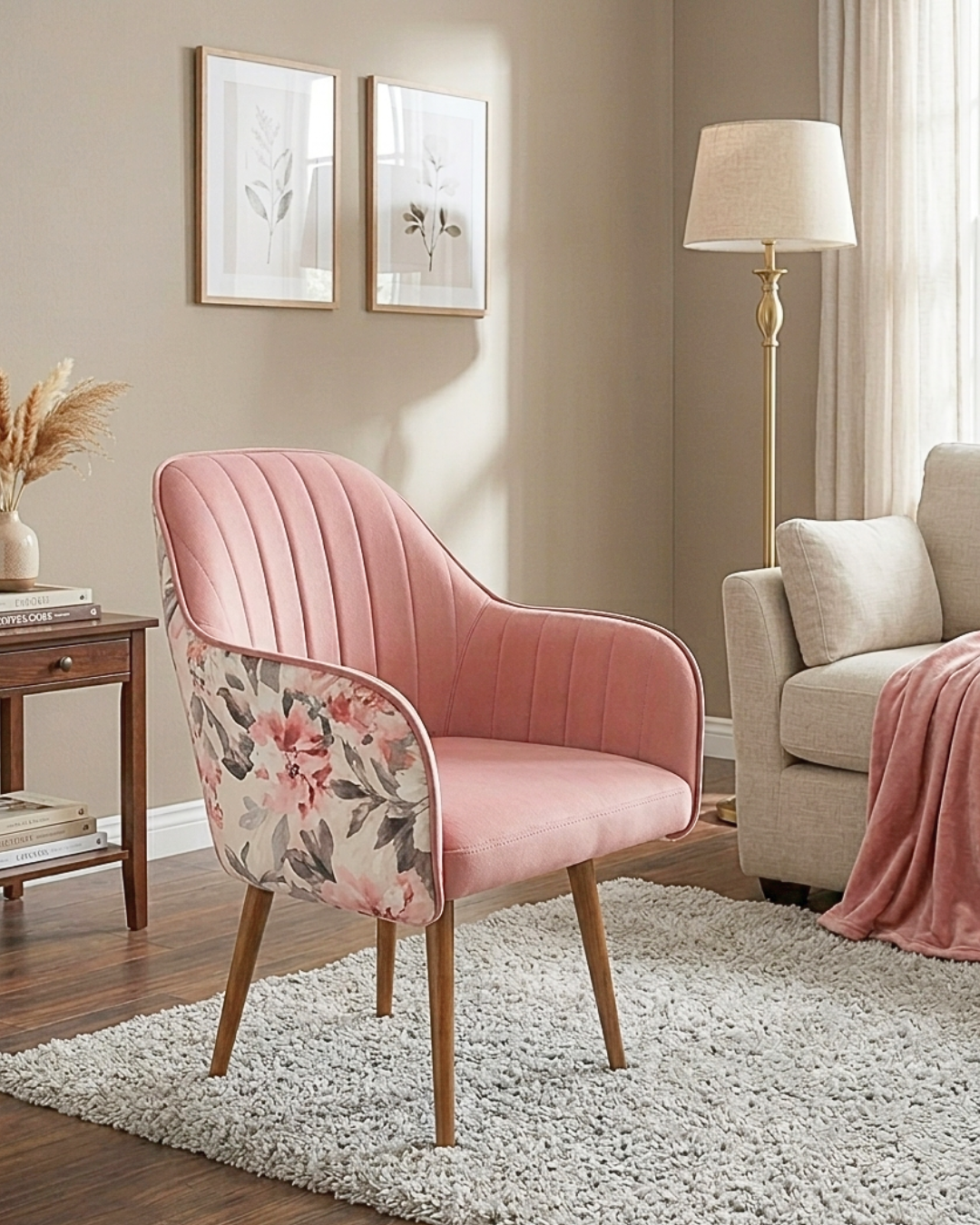 Premium pink velvet accent chair with wooden-finish metal legs and floral back design