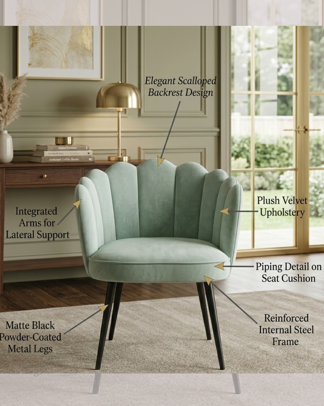 Scalloped velvet accent chair in mint green with vertical sea shell tufting and matte black metal legs