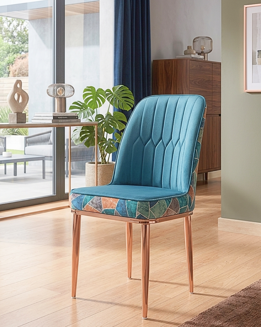 Modern Velvet Dining Chair with rose-gold legs and geometric pattern back.