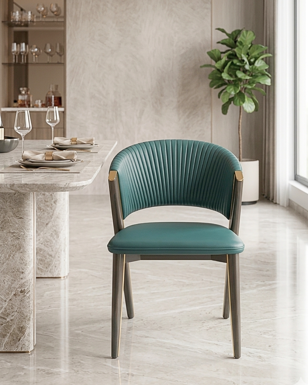 Premium metal dining chair with fluted teal green leatherette backrest and gold metallic trim viewed from the side profile.