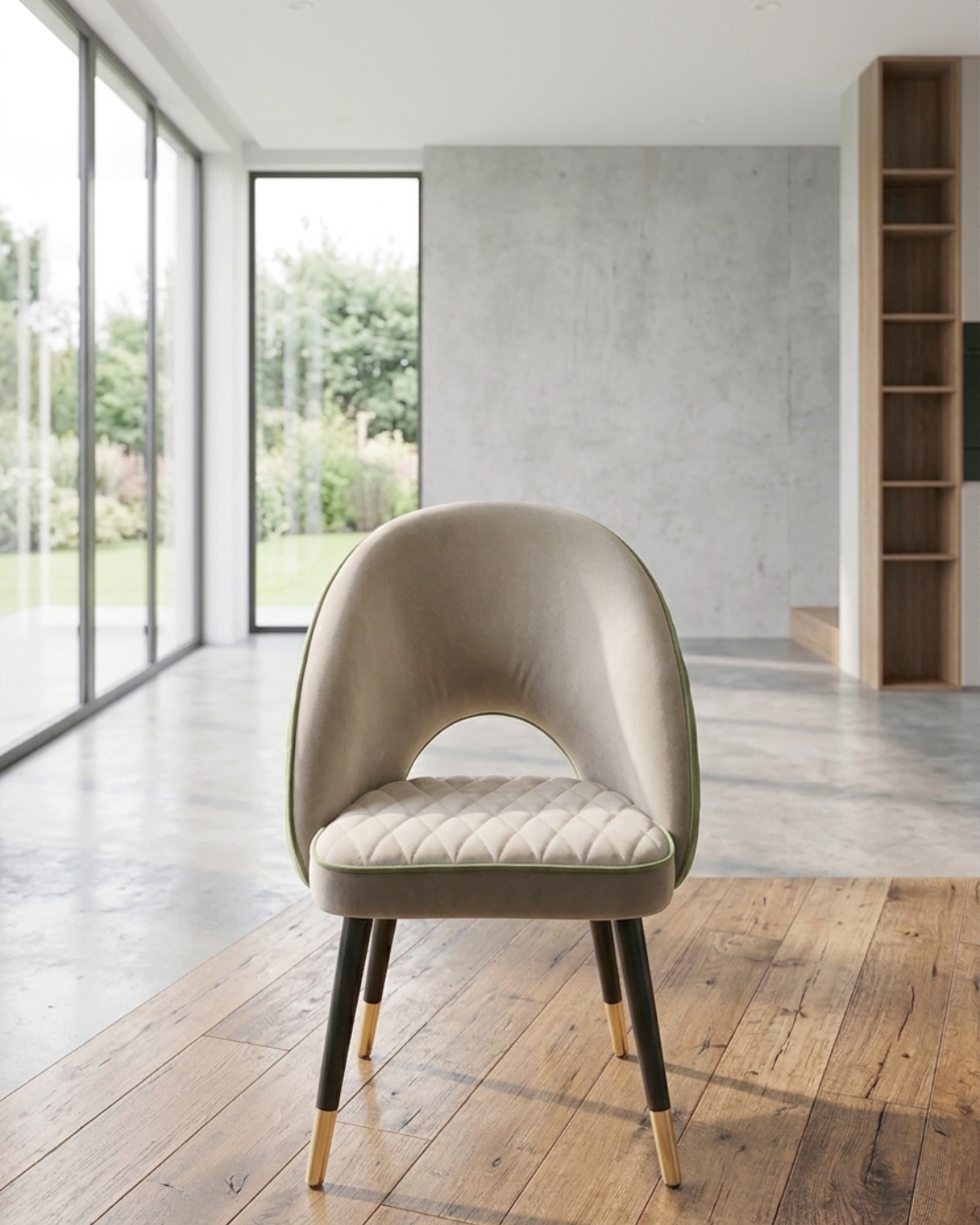 Modern Velvet Chair with green upholstery and black-gold legs in a home setting.