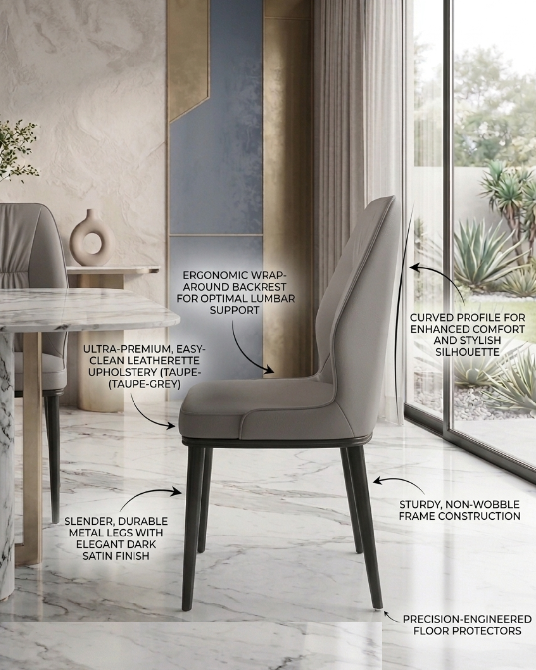 Premium taupe grey leatherette dining chair with pleated backrest design and sleek black metal legs viewed from the side profile in a modern home kitchen setup.