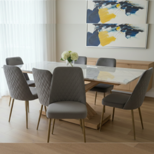 Luxurious Marble Finish Dining Table & Metal Chair Set by Siddhivinayak Furnitures featuring a sleek white marble-look top and black metal industrial-style chairs for modern homes.