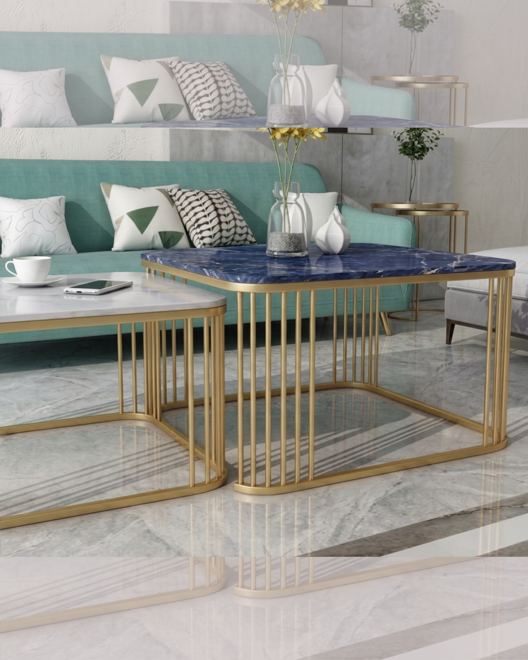 Modern-Luxury-Nesting-Coffee-Table-Set-with-Blue-and-White-Marble-Finish-Tops-and-Gold-Metal-Frame-Siddhivinayak-Furnitures