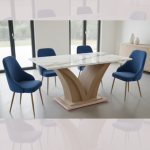 Siddhivinayak Furnitures Luxury 4 Seater Marble Dining Set with navy blue velvet chevron chairs and gold legs.