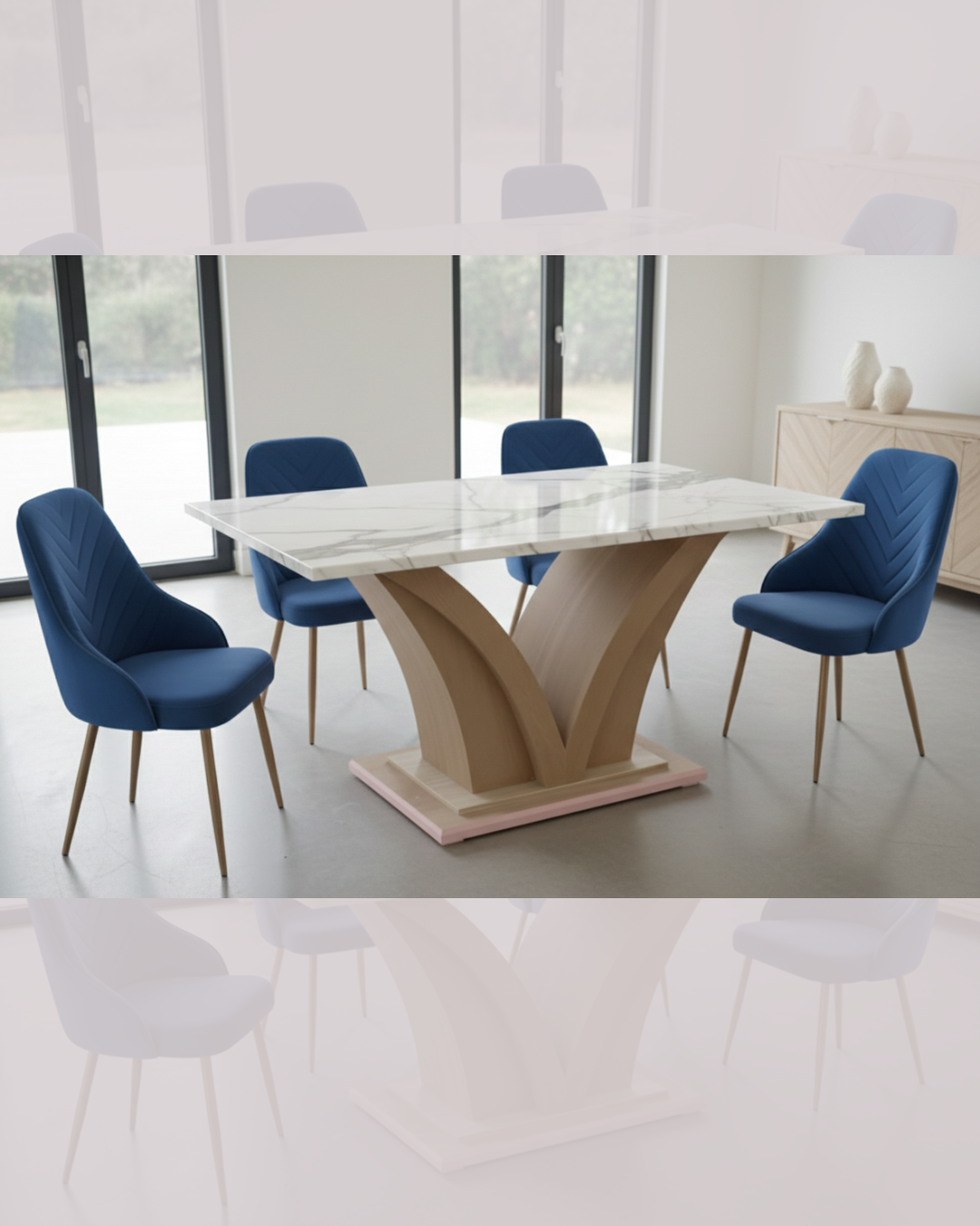Siddhivinayak Furnitures Luxury 4 Seater Marble Dining Set with navy blue velvet chevron chairs and gold legs.