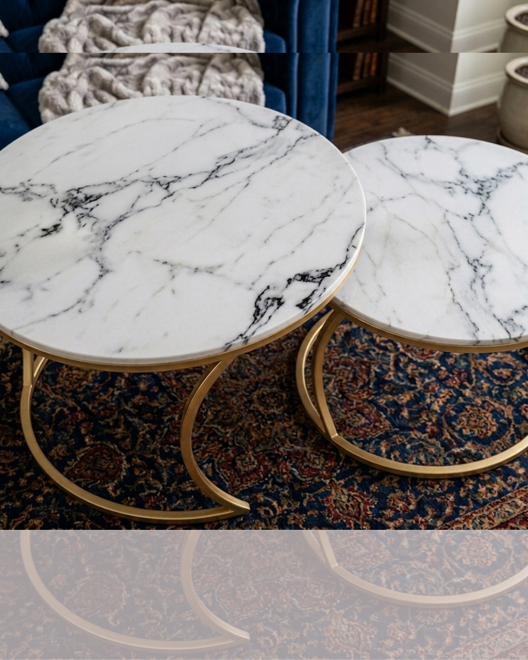 Luxury white marble and gold metal nesting coffee table set styled in a modern living room