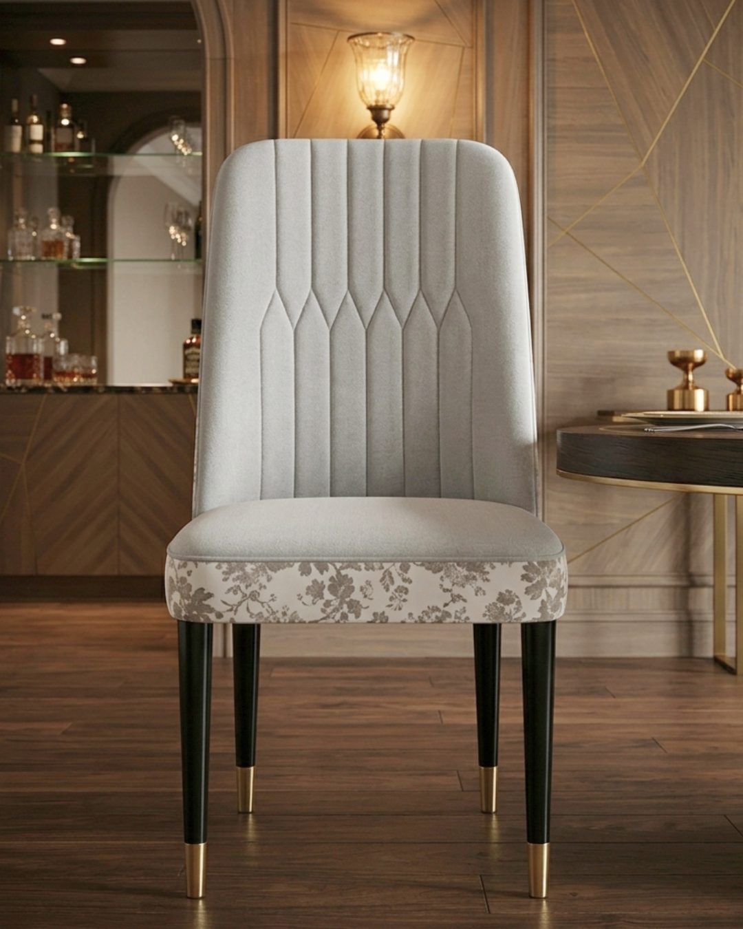 Luxury Floral Dining Chair with gold-tipped black metal legs in a luxury dining room setup