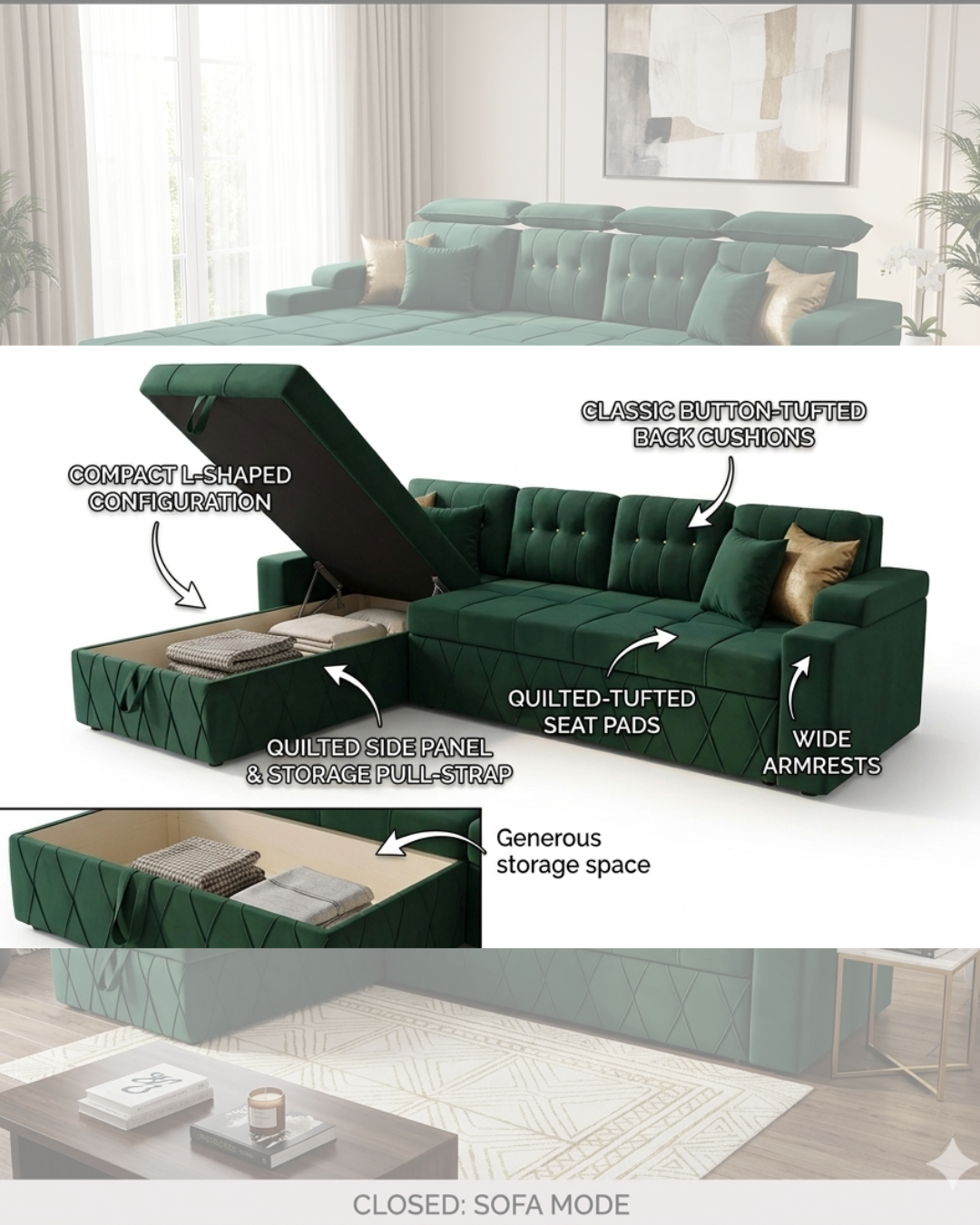 Luxury Velvet Sofa Cum Bed in emerald green velvet with integrated storage chaise and open pull-out sleeping platform