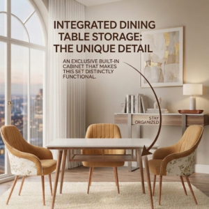 Luxury 4 Seater Dining Set with white marble-finish top, integrated under-table storage shelf, and three mustard yellow quilted chairs with floral back tapestry