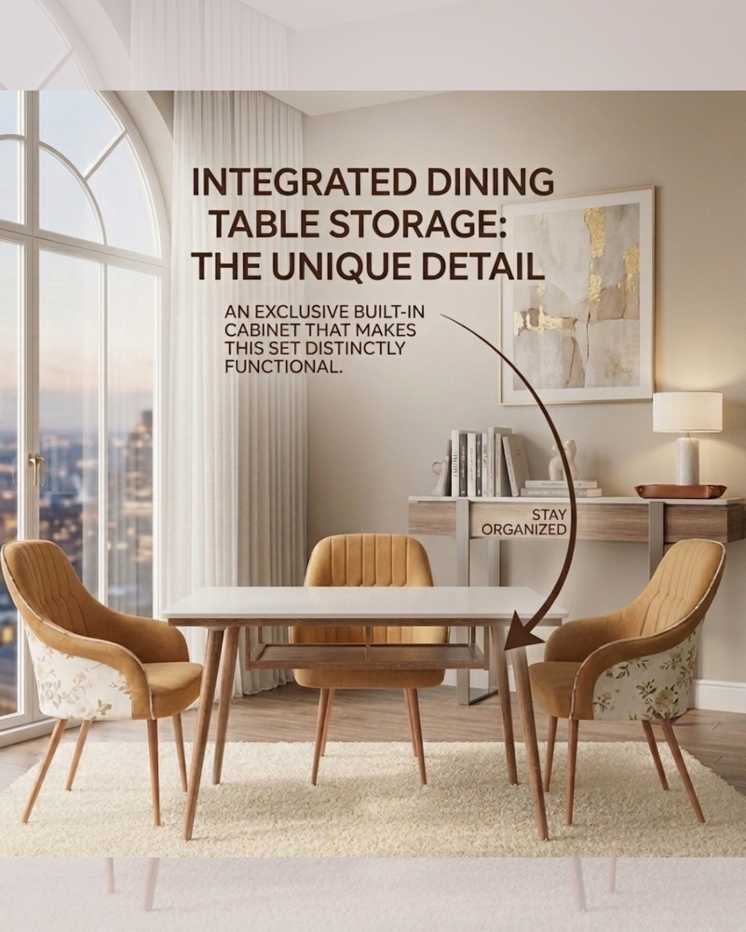 Luxury 4 Seater Dining Set with white marble-finish top, integrated under-table storage shelf, and three mustard yellow quilted chairs with floral back tapestry