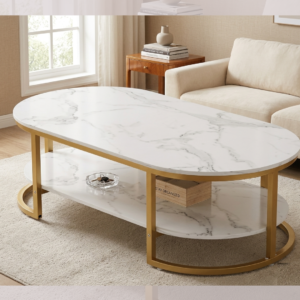 Two-tier oval marble center table with golden metal frame for living room luxury decor