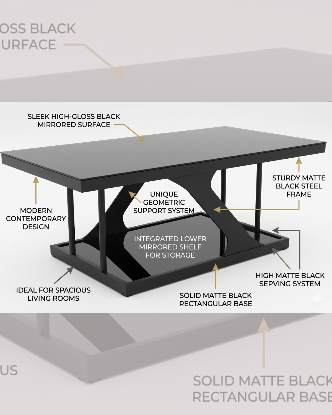 Luxury two-tier black geometric center table with high gloss mirrored surface and matte steel frame