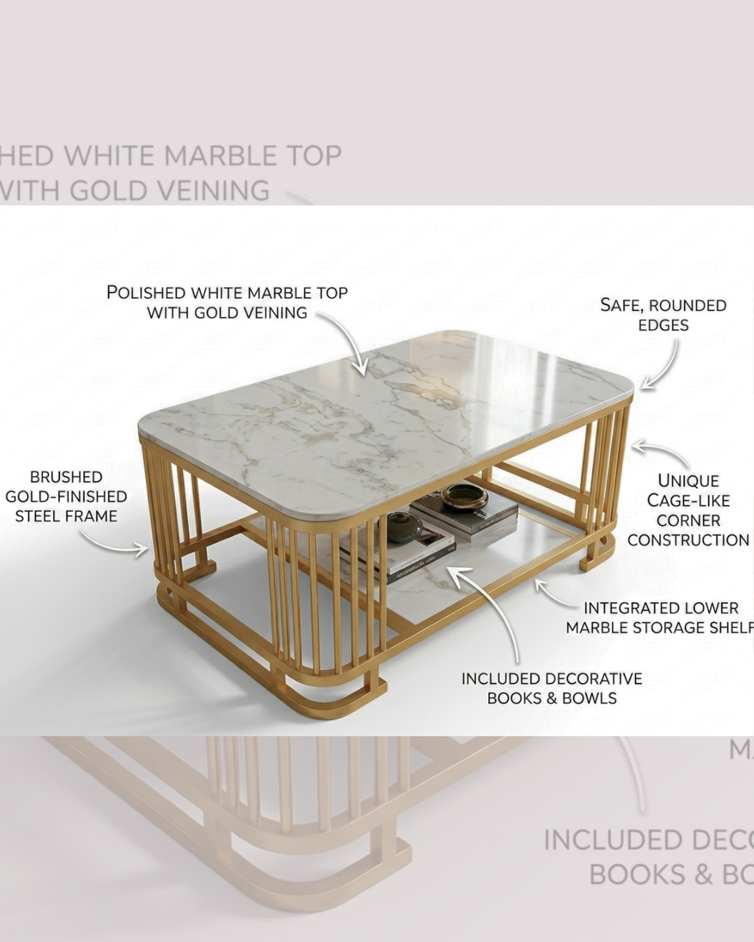 Luxury Marble Coffee Table with gold frame and dual-tier storage shelf in a modern living room setting