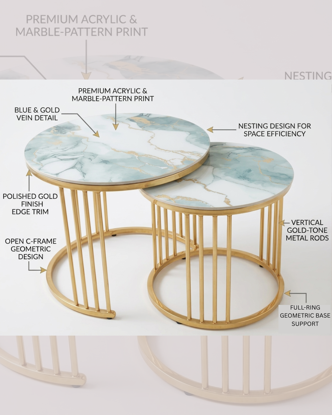 Nesting round marble center table set with ocean blue patterns and polished gold metal rod frames