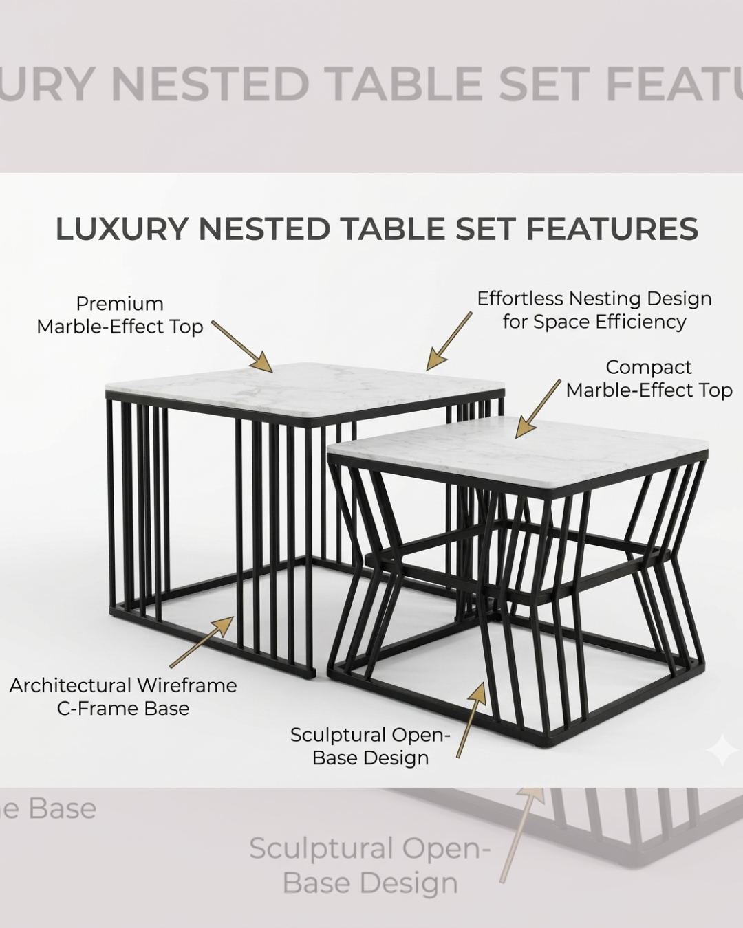 Square nesting marble center table set with white marble-effect top and matte black wireframe metal rod bases by Siddhivinayak Furnitures