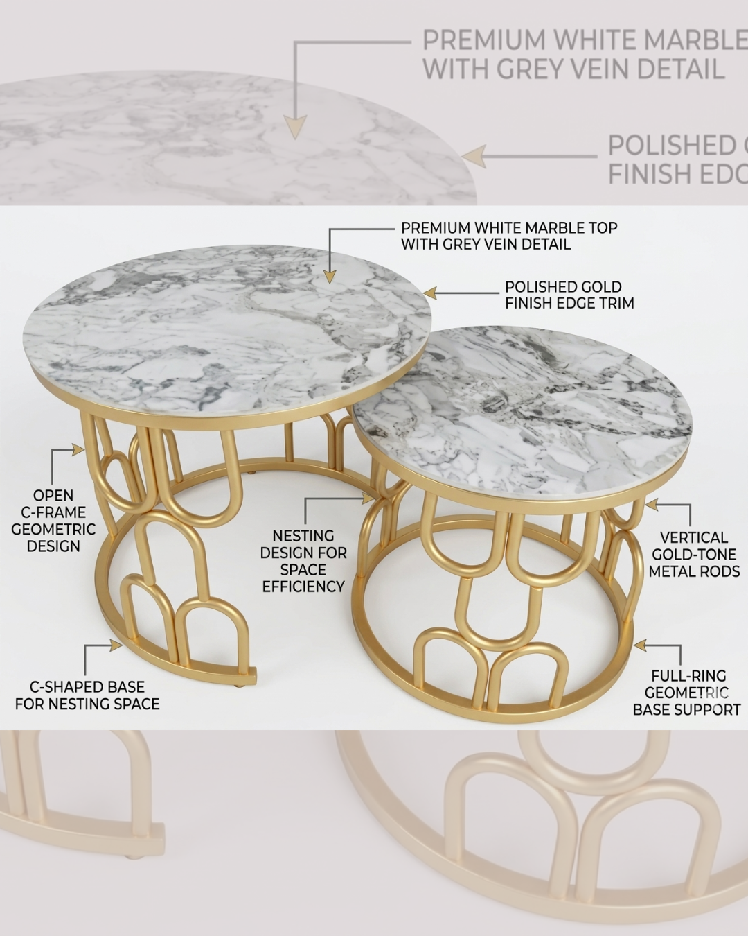 Round nesting marble center table set with premium white marble top and arched geometric gold metal frame