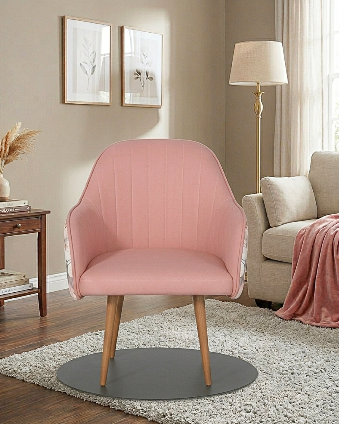 Premium pink velvet accent chair with wooden-finish metal legs and floral back design