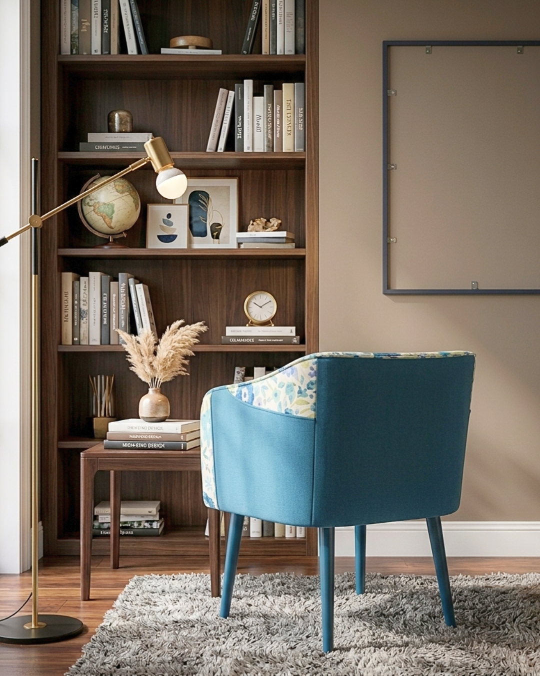 Back view of a stylish Floral Accent Teal Armchair with ergonomic design.