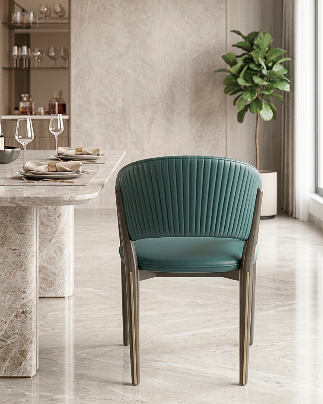 Premium metal dining chair with fluted teal green leatherette backrest and gold metallic trim viewed from the side profile.