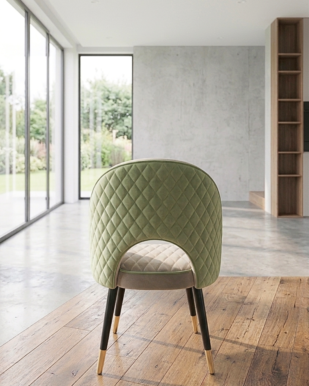 Modern Velvet Chair with green upholstery and black-gold legs in a home setting.