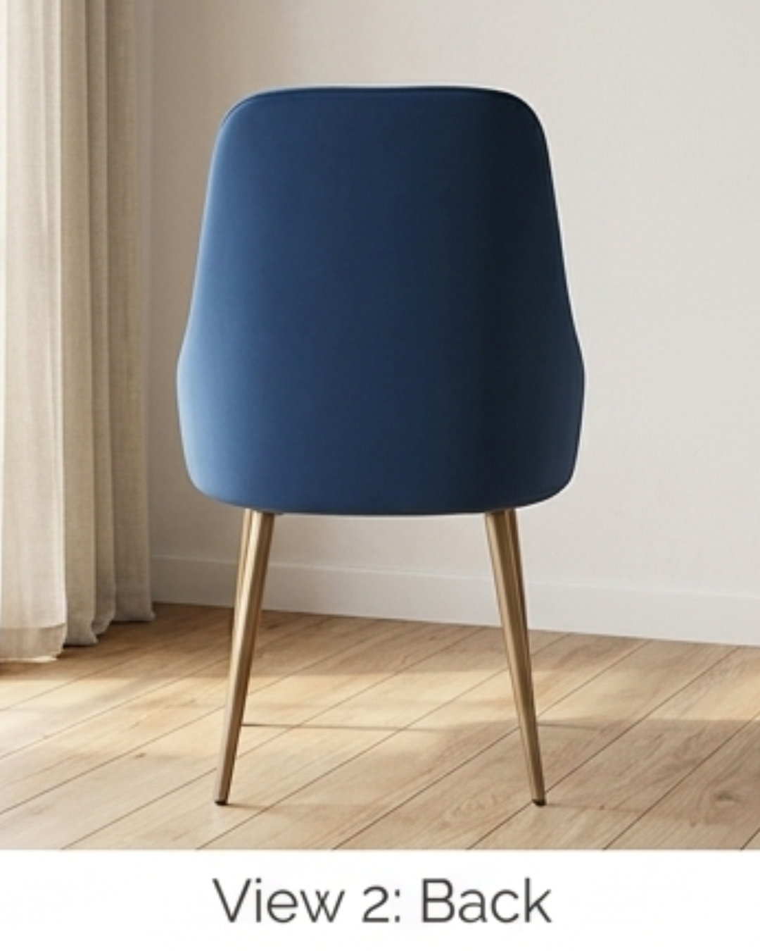 Premium Metal Dining Chair with Navy Blue Velvet Upholstery and Gold Metal Legs - Front and Back View