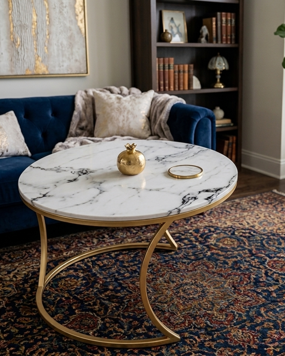 Luxury white marble and gold metal nesting coffee table set styled in a modern living room