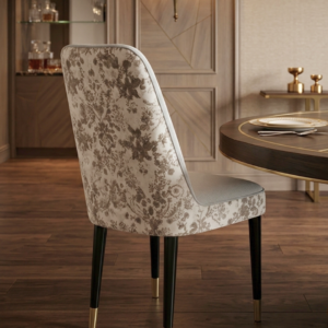 Luxury Floral Dining Chair with gold-tipped black metal legs in a luxury dining room setup