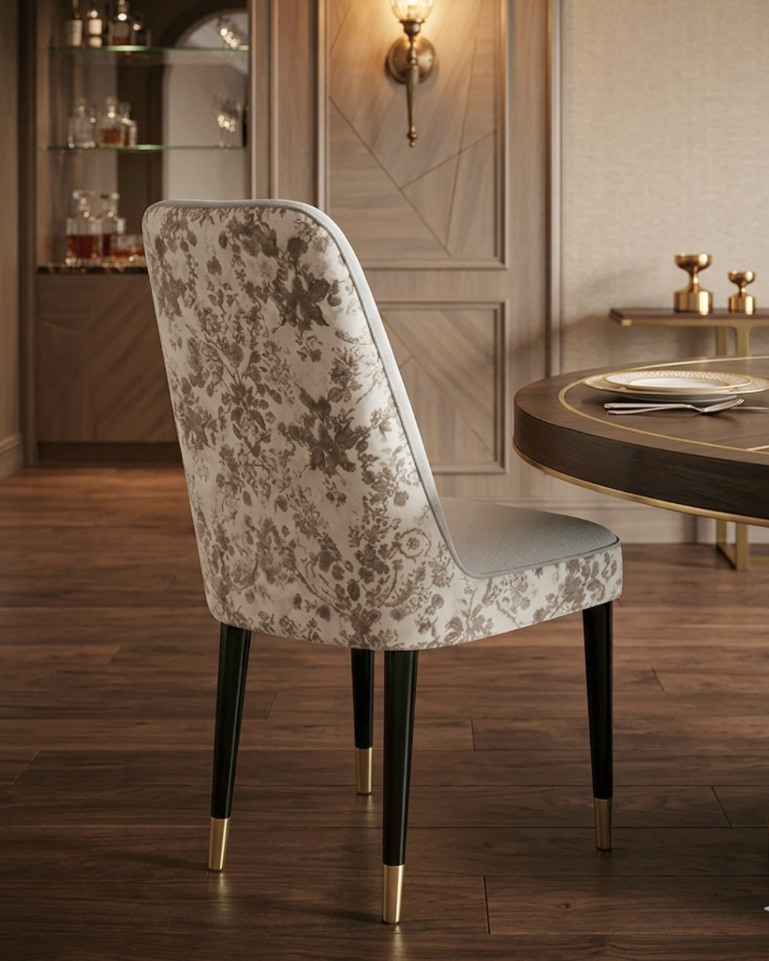 Luxury Floral Dining Chair with gold-tipped black metal legs in a luxury dining room setup