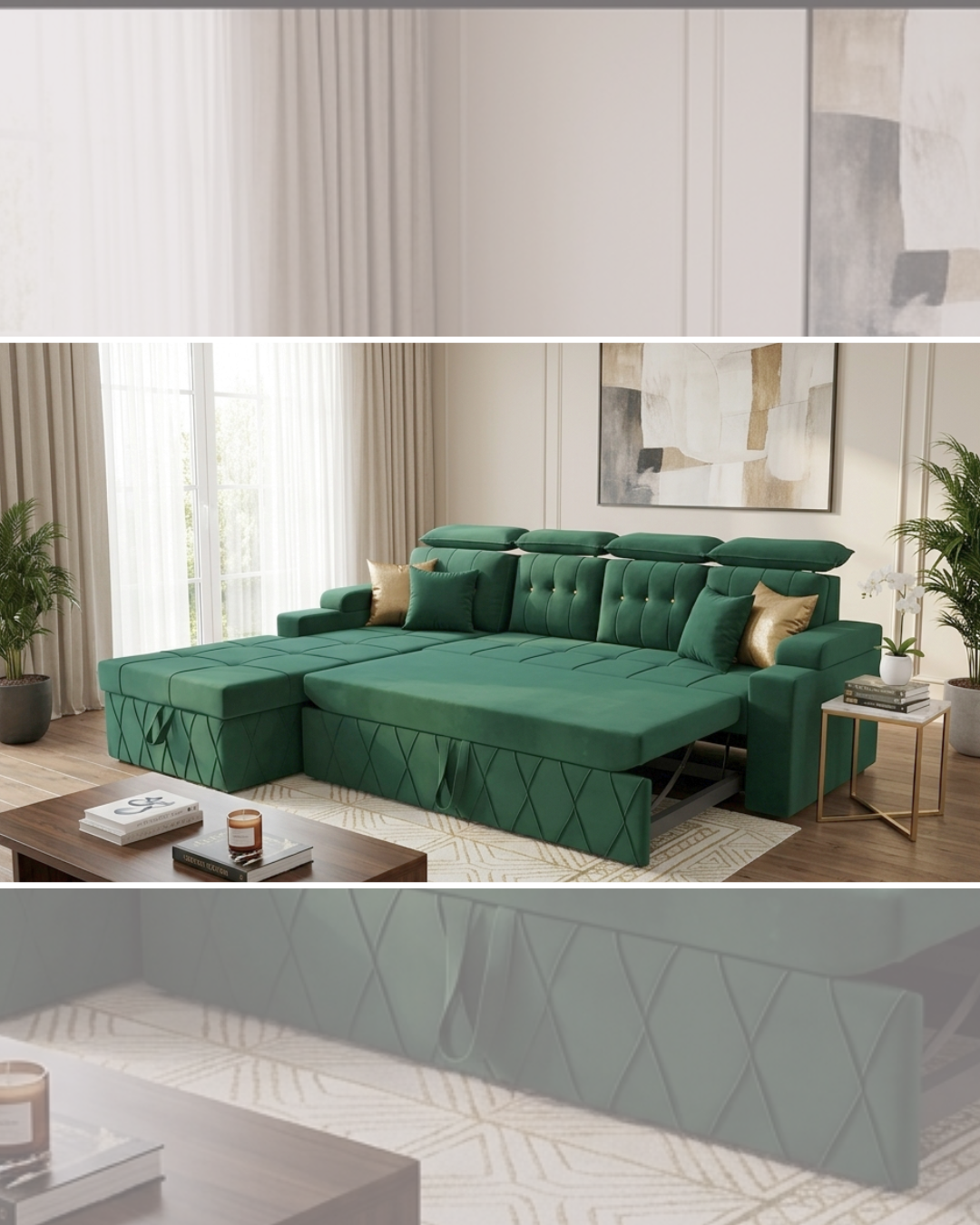 Luxury Velvet Sofa Cum Bed in emerald green velvet with integrated storage chaise and open pull-out sleeping platform