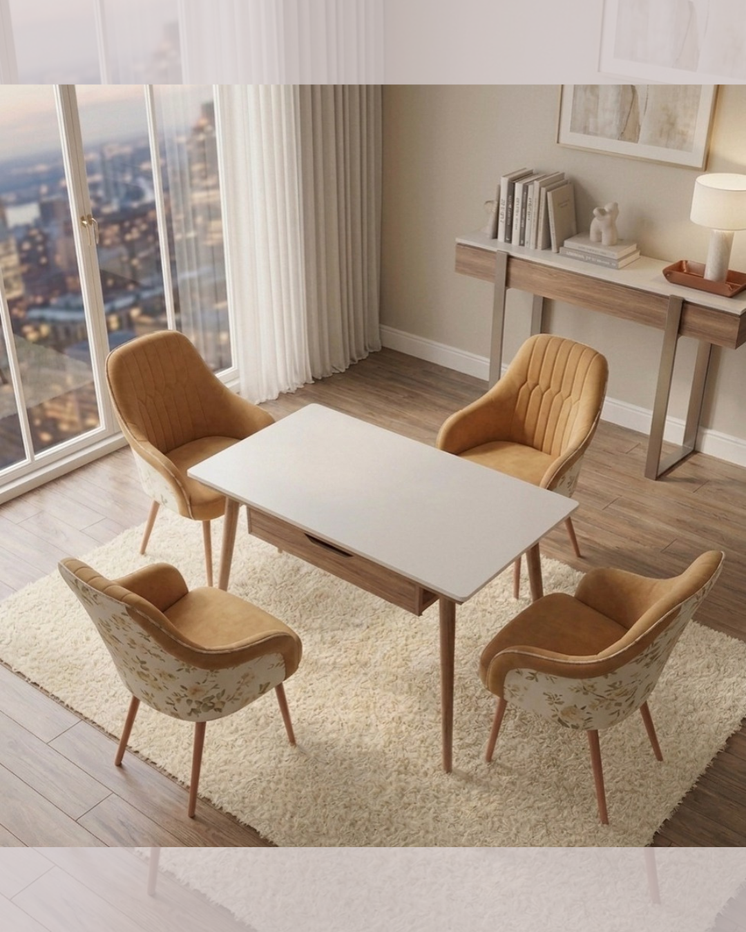 Luxury 4 Seater Dining Set with white marble-finish top, integrated under-table storage shelf, and three mustard yellow quilted chairs with floral back tapestry