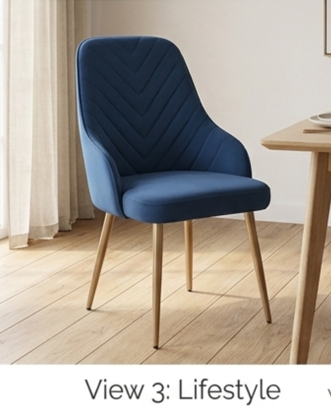 Premium Metal Dining Chair with Navy Blue Velvet Upholstery and Gold Metal Legs - Front and Back View