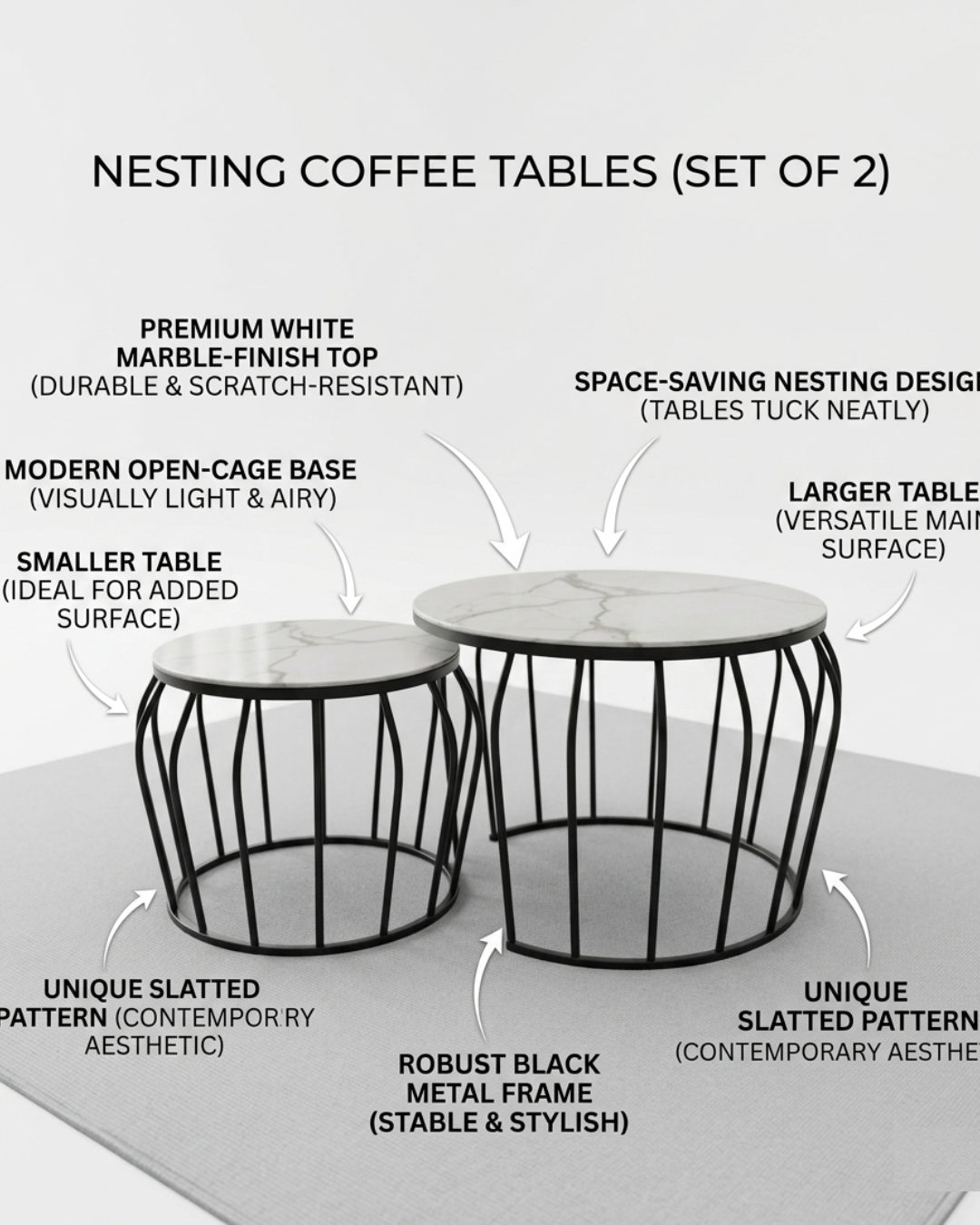 Set of two modern Nesting Coffee Tables with white marble-finish tops and black metal cage-style bases