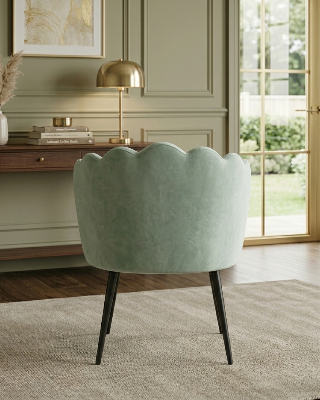 Scalloped velvet accent chair in mint green with vertical sea shell tufting and matte black metal legs
