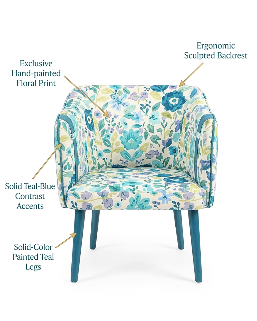 Front view of a stylish Floral Accent Teal Armchair with ergonomic design.