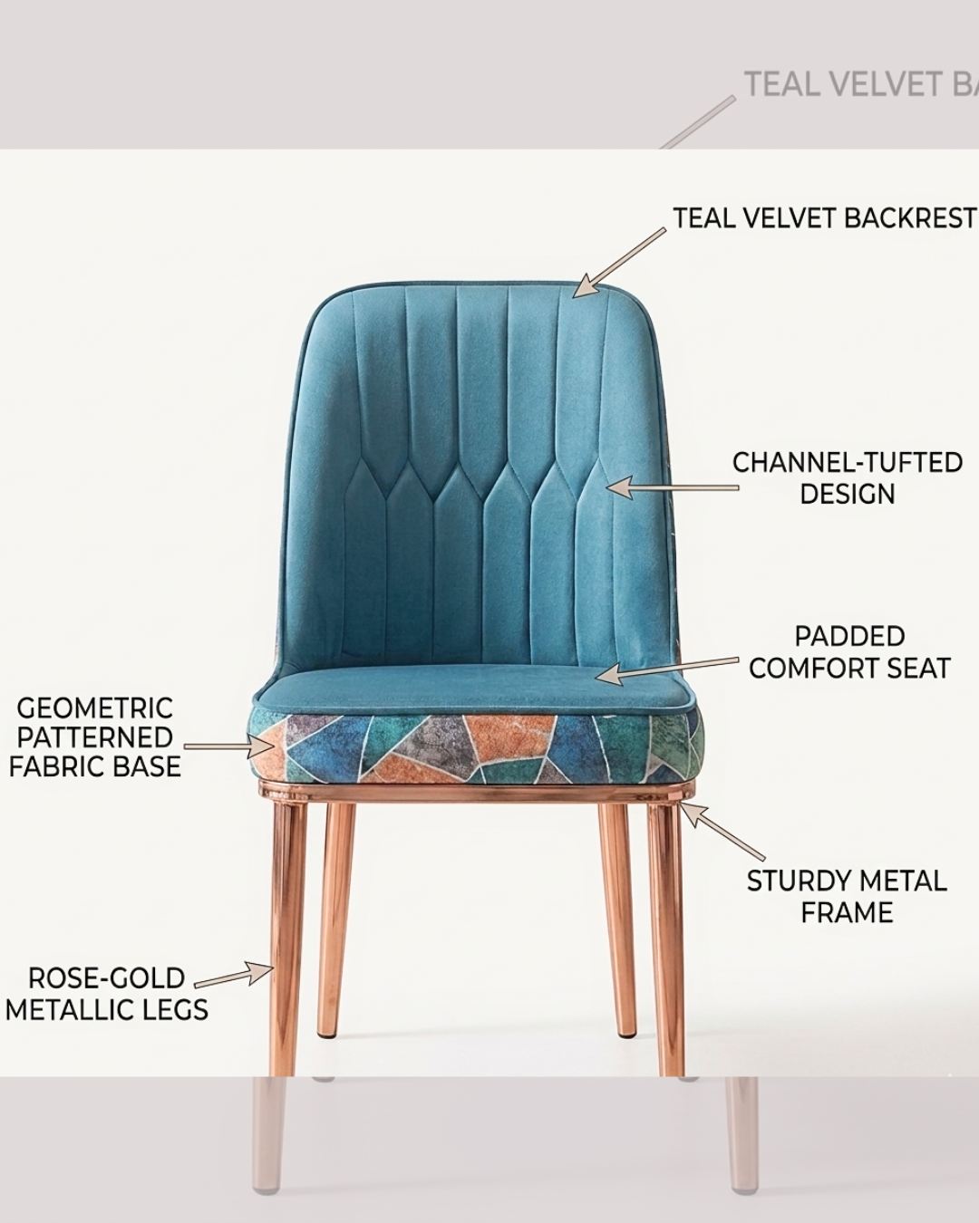 Modern Velvet Dining Chair with rose-gold legs and geometric pattern back.
