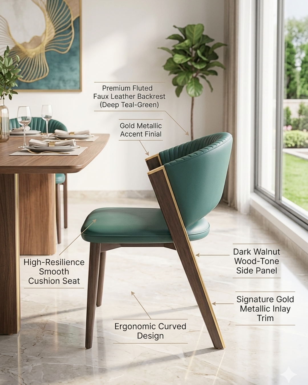Premium metal dining chair with fluted teal green leatherette backrest and gold metallic trim viewed from the side profile.