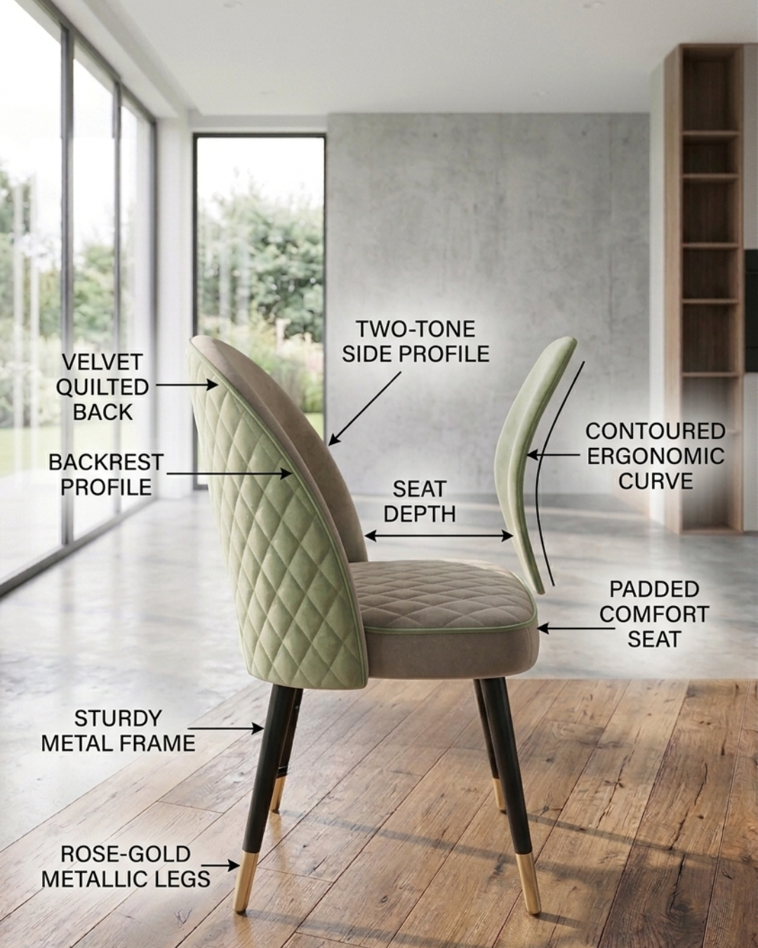 Modern Velvet Chair with green upholstery and black-gold legs in a home setting.