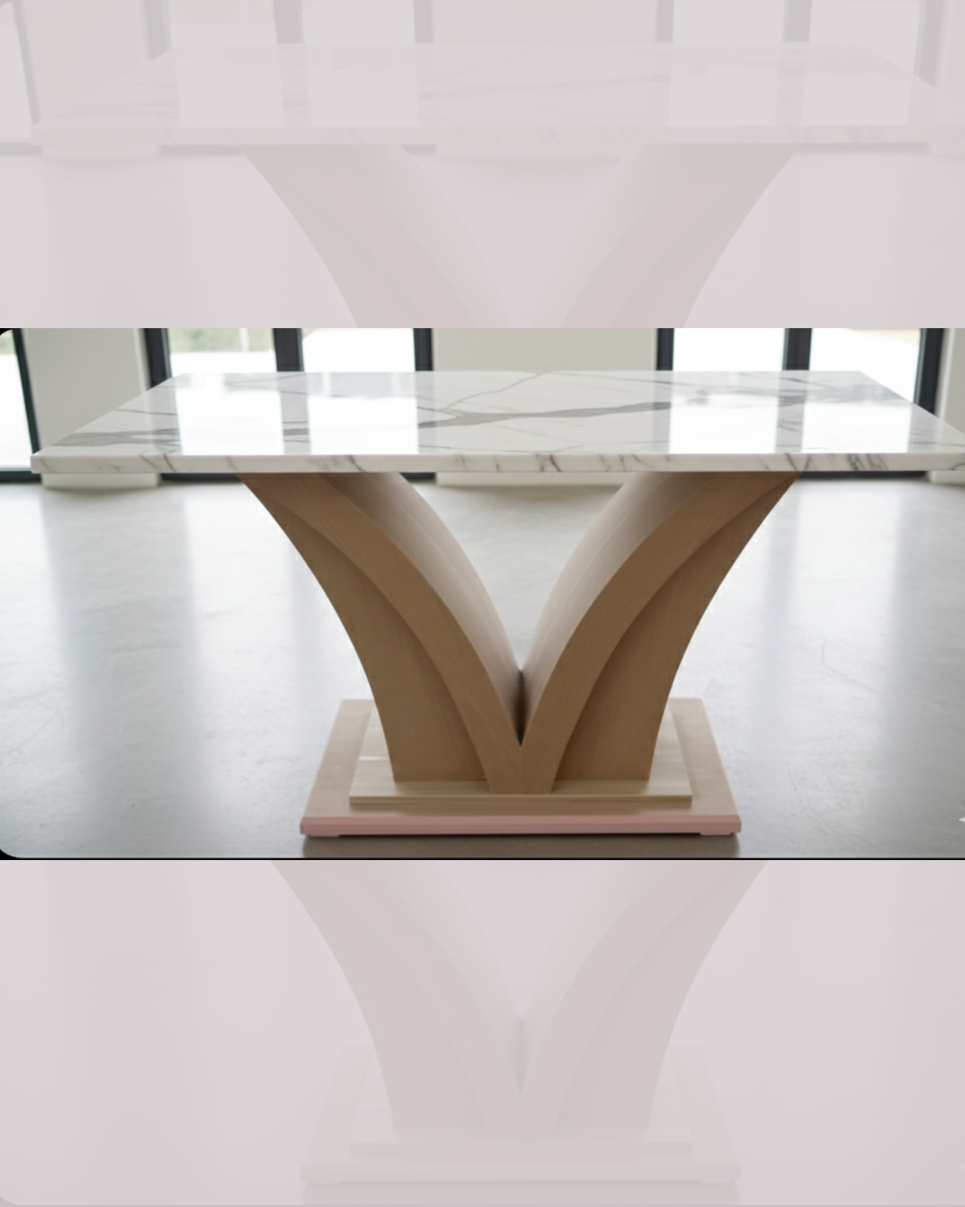 Siddhivinayak Furnitures Luxury 4 Seater Marble Dining Set with navy blue velvet chevron chairs and gold legs.