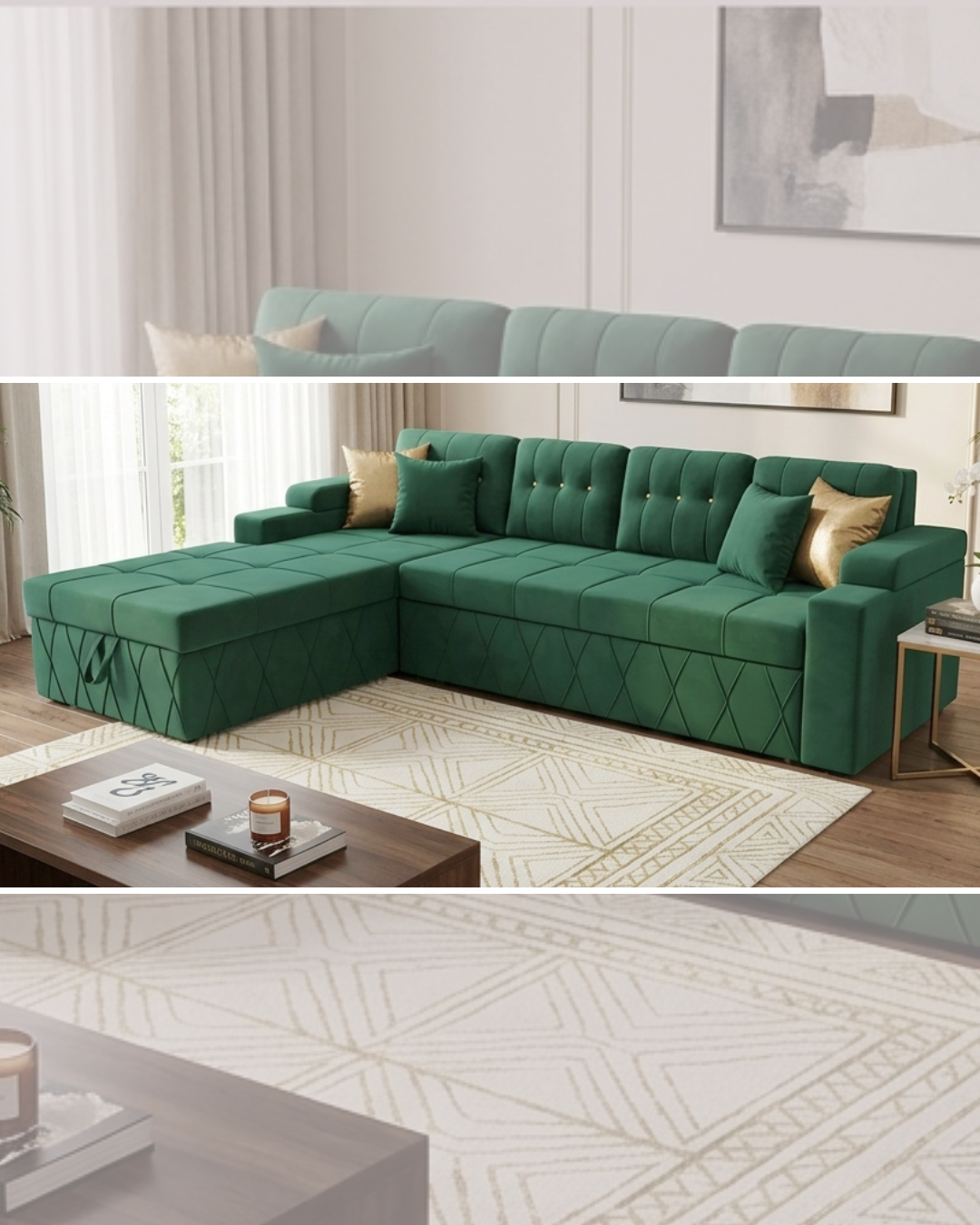 Luxury Velvet Sofa Cum Bed in emerald green velvet with integrated storage chaise and open pull-out sleeping platform