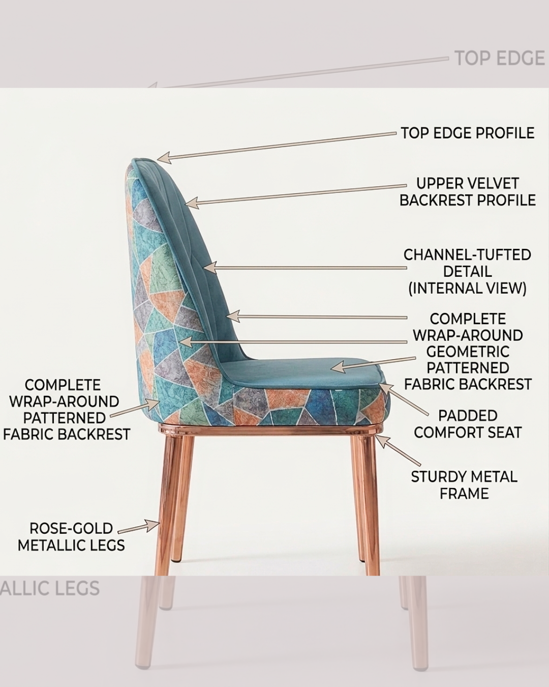 Modern Velvet Dining Chair with rose-gold legs and geometric pattern back.