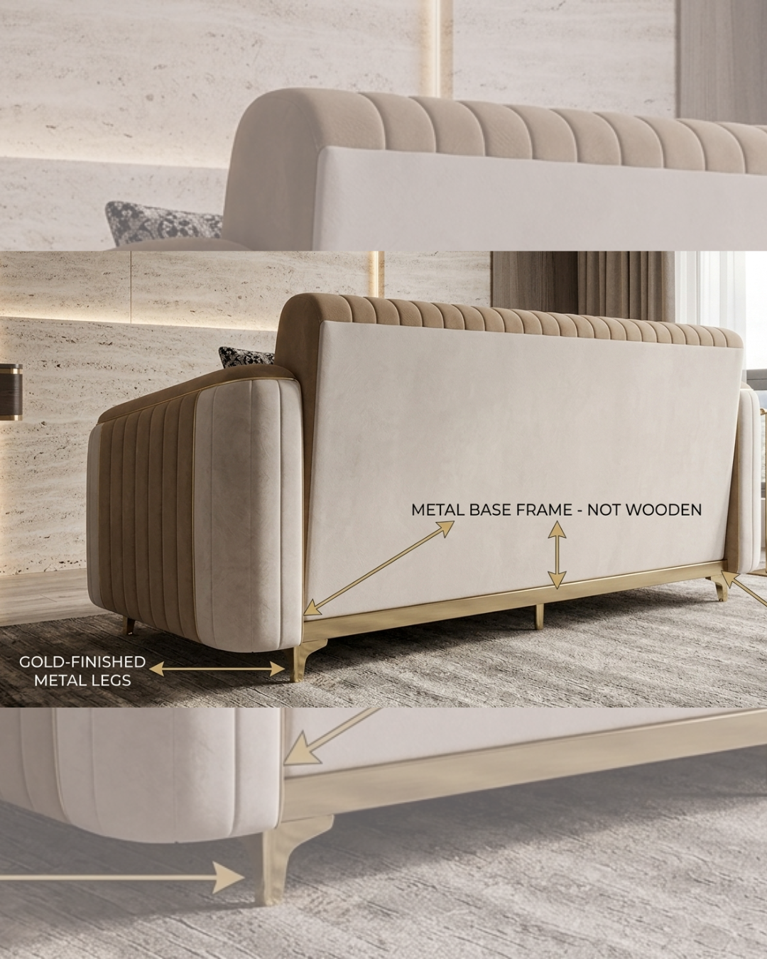 Modern Beige Sofa with vertical channel tufting and patterned cushions