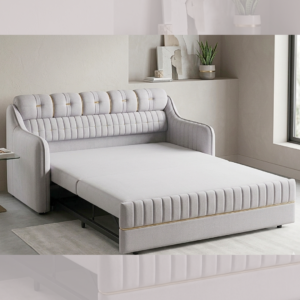 Luxury Sofa Cum Bed in light grey fabric with elegant gold accents