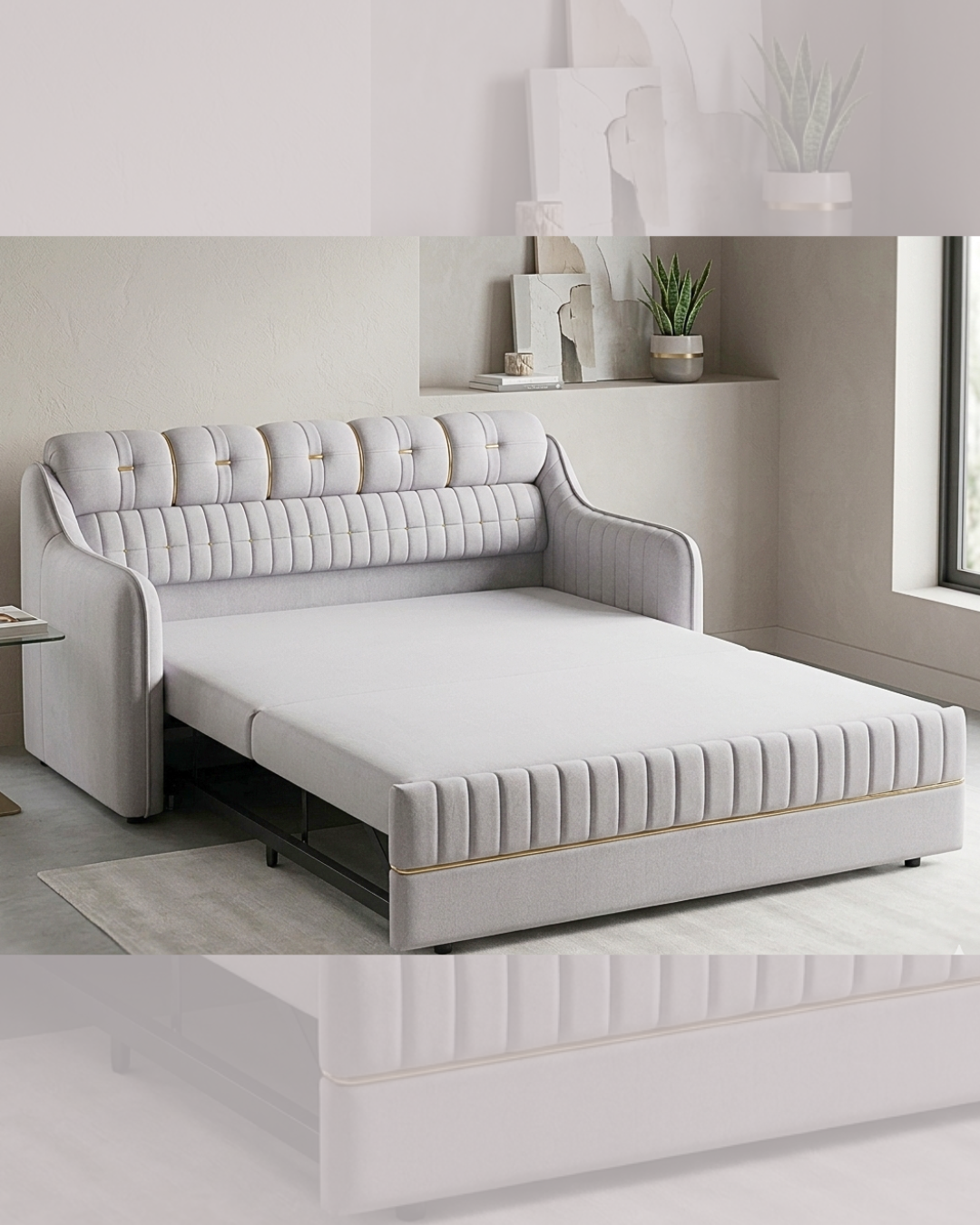 Luxury Sofa Cum Bed in light grey fabric with elegant gold accents
