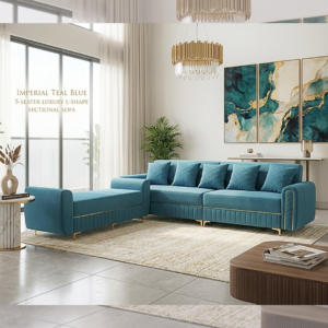 Imperial Teal Blue 5-Seater Luxury L-Shape Sectional Sofa with gold accents in a bright, modern living room setting