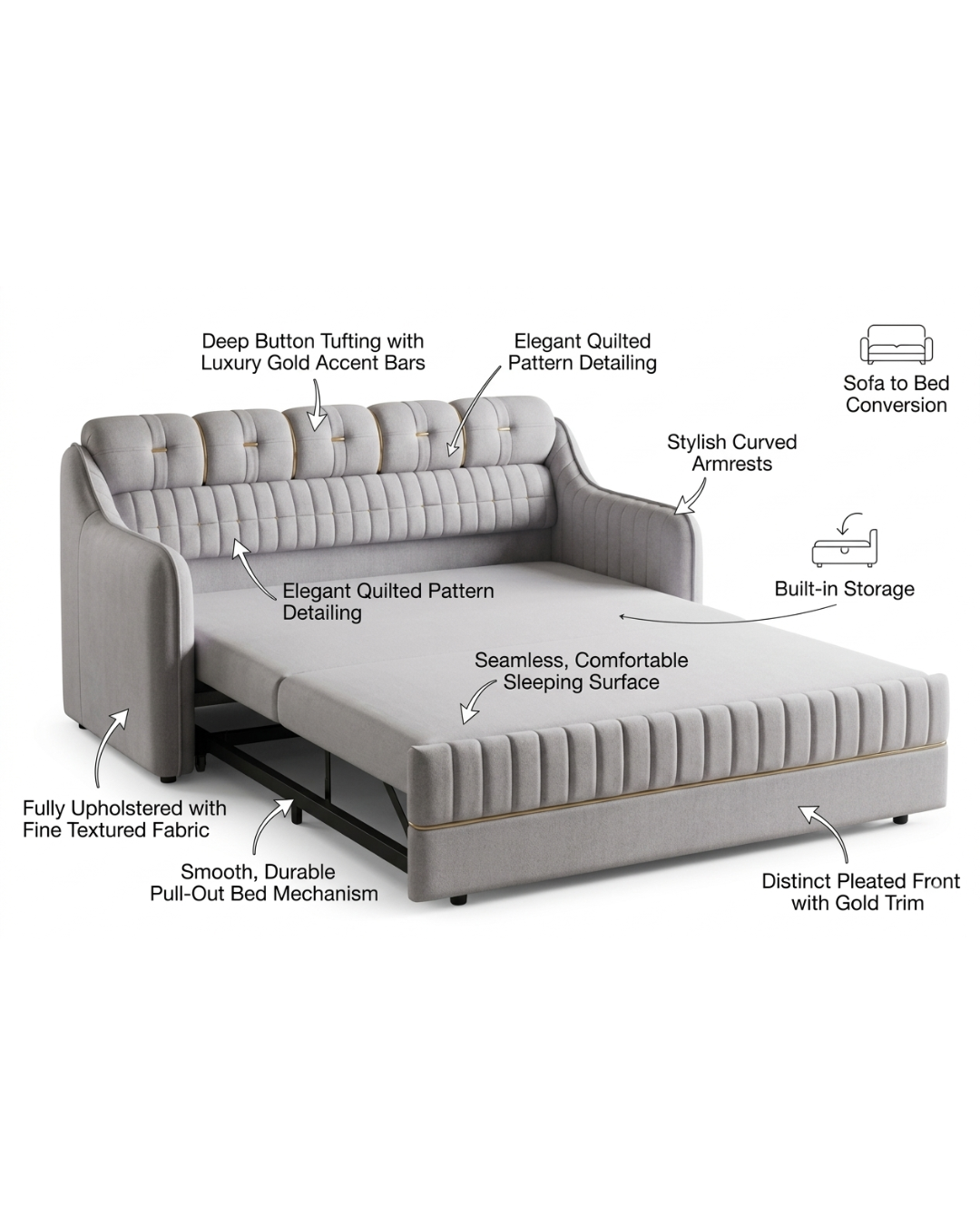 Luxury Sofa Cum Bed in light grey fabric with elegant gold accents