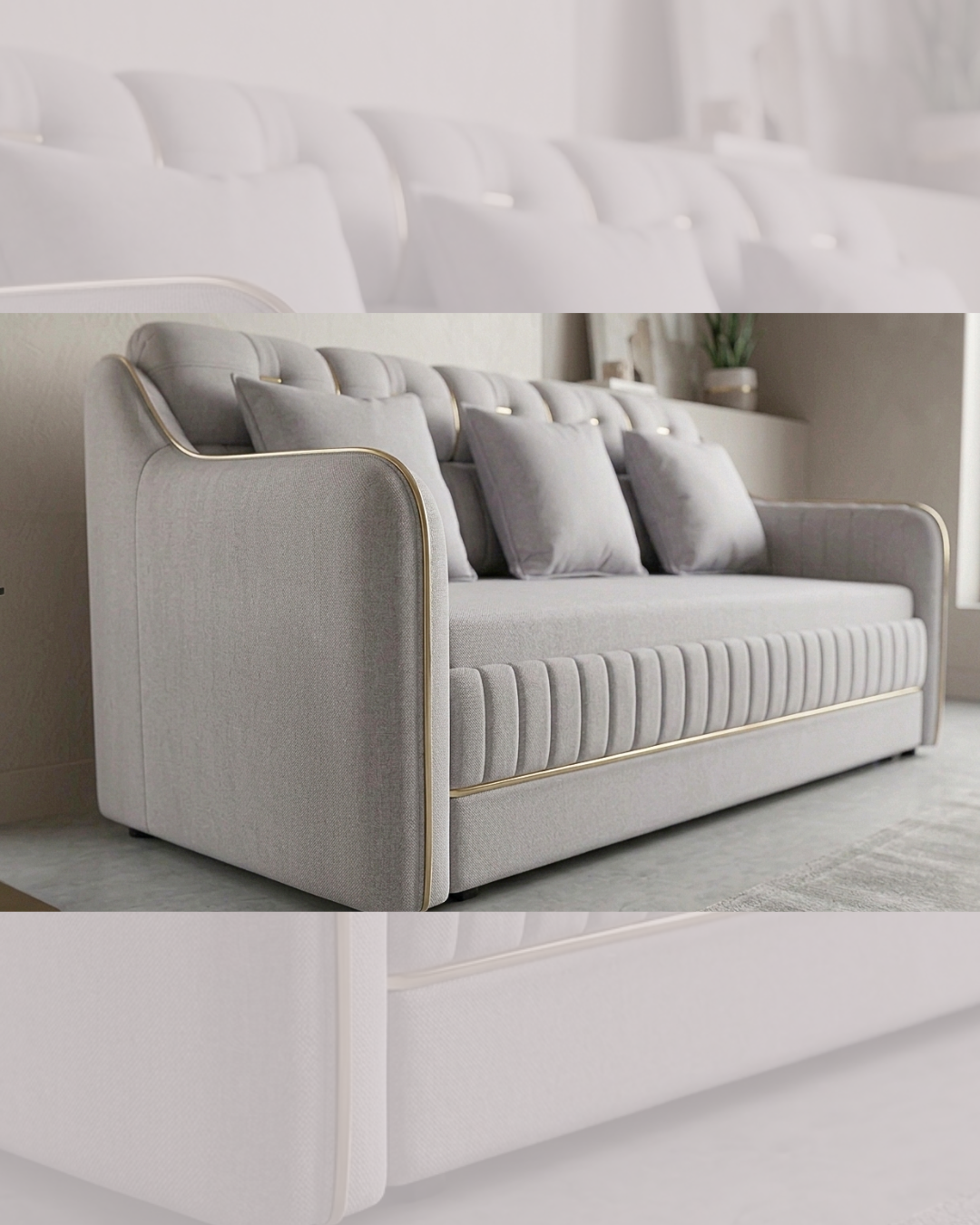Luxury Sofa Cum Bed in light grey fabric with elegant gold accents